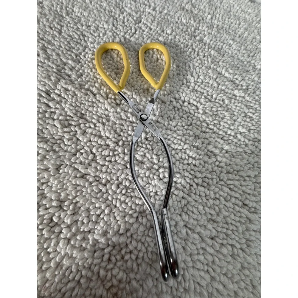 VTG Ekco USA‎ Scissor Kitchen Tongs Yellow Coated Handles Metal Serving Tool